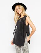 Asos Festival Tunic Top In Acid Wash With Studs And Fringing - Black