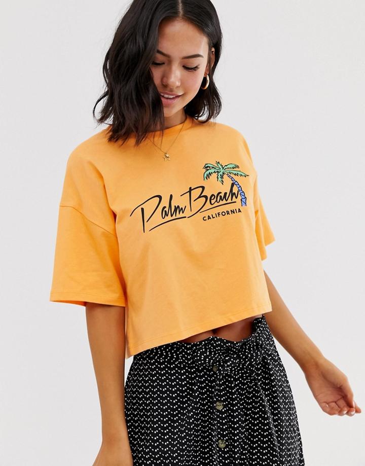 Asos Design T-shirt In Wash With Palm Beach Motif - Orange