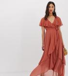 Asos Design Tall Maxi Dress With Cape Back And Dip Hem - Brown
