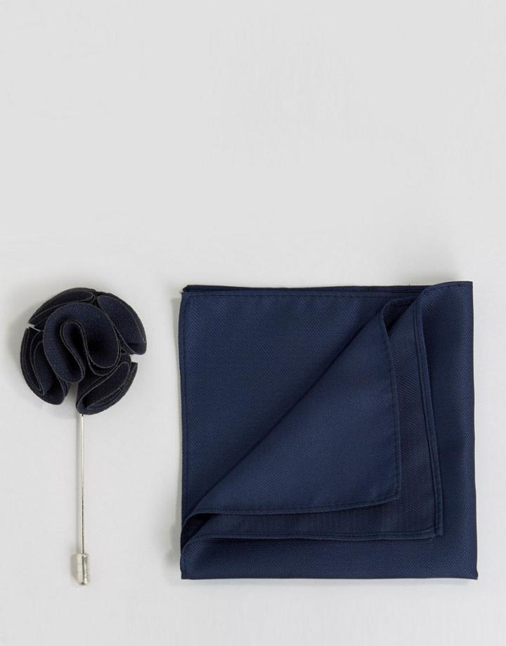 Feraud Pocket Square With Lapel Pin Set - Navy