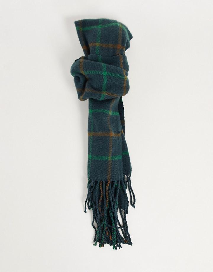 Boardmans Check Fringe Scarf In Forest-green