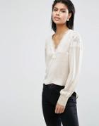 Asos Satin Blouse With Lace Insert - Gray