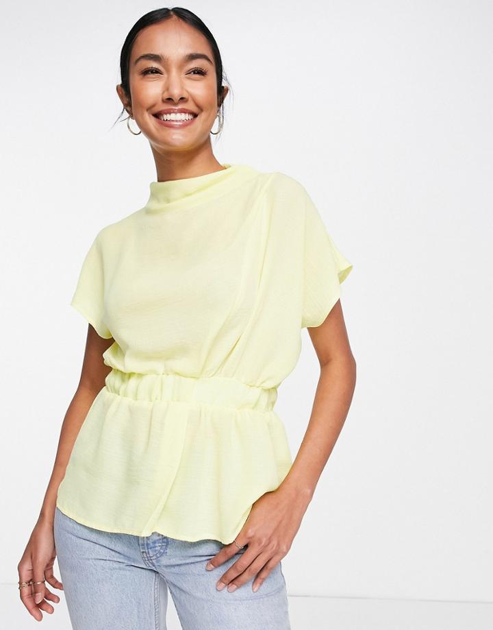 Asos Design Drape High Neck Top With Elastic Waist And Peplum Hem In Lime-yellow