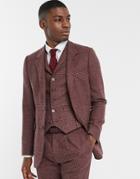 Asos Design Slim Suit Jacket In Burgundy And Grey 100% Lambswool Puppytooth-red