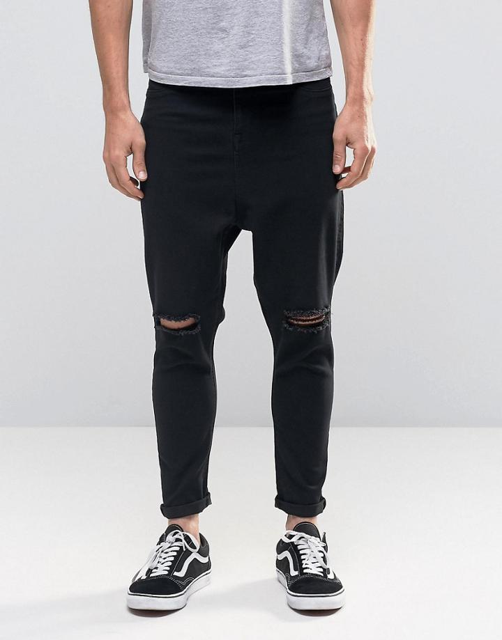 Asos Spray On Drop Crotch Jeans With Knee Rips In Black - Black