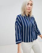 Pull & Bear Stripe 3/4 Sleeve Shirt - Navy