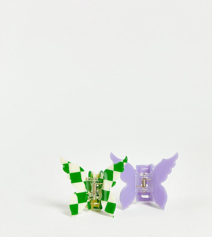 Reclaimed Vintage Inspired Butterfly Hair Clip 2 Pack In Lilac And Green Checker-multi