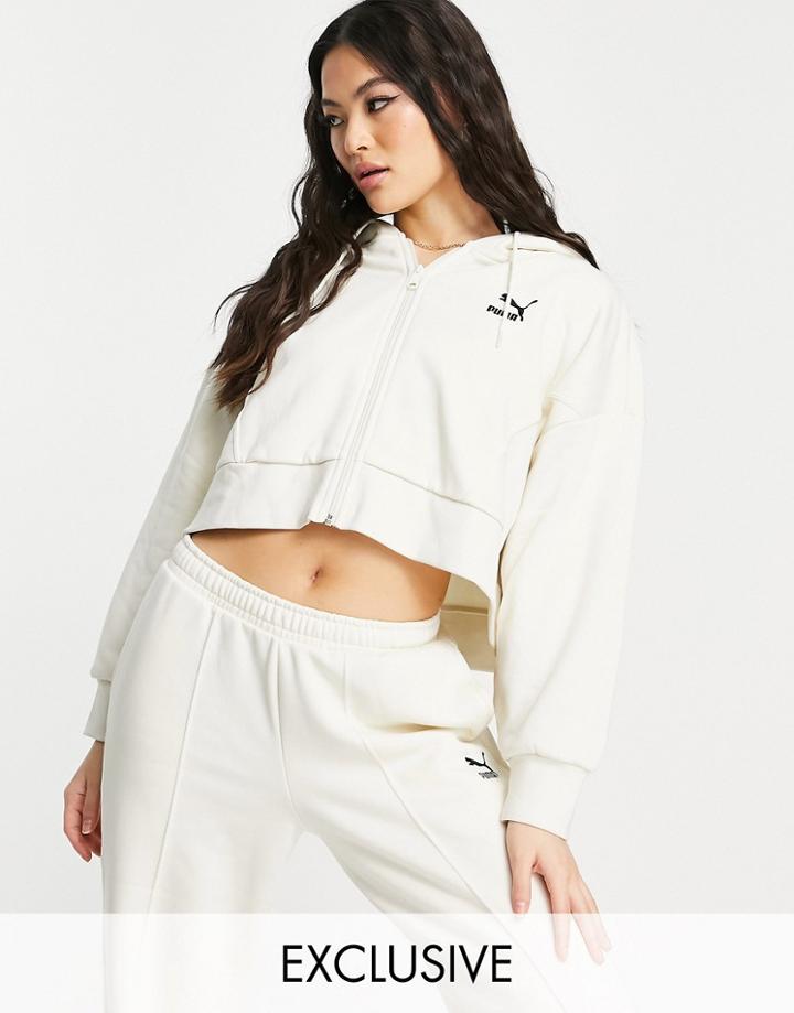 Puma Boxy Cropped Zip Through Hoodie In Off White - Exclusive To Asos