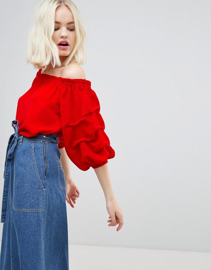 Hazel Off Shoulder Rouched Sleeve Blouse - Red