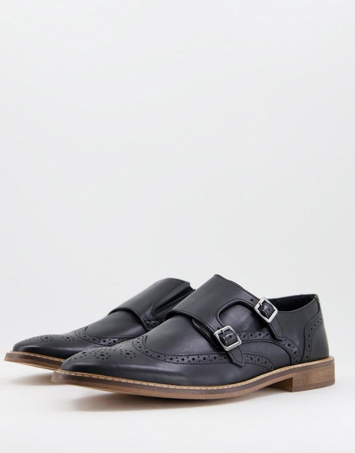 Asos Design Monk Shoes In Black Leather With Brogue Details
