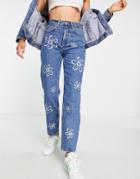 Only High Waisted Straight Leg Jean With Flower Print In Light Blue