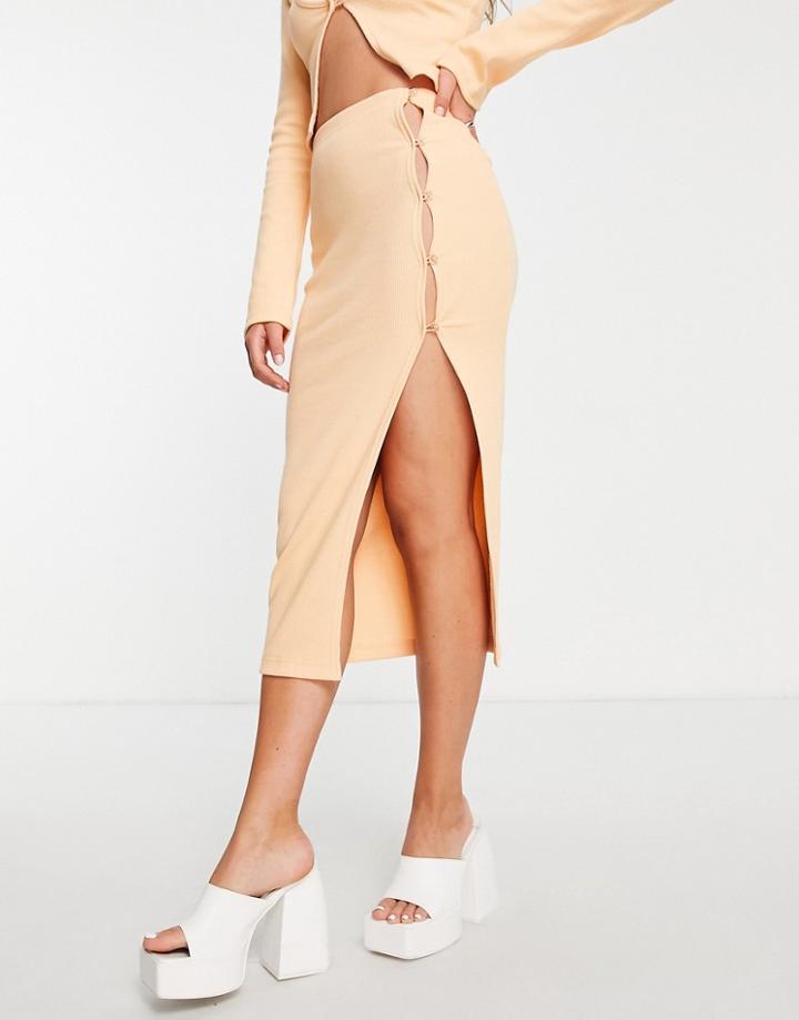 Public Desire Rib Midi Skirt With Button Detail In Peach - Part Of A Set-orange