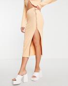 Public Desire Rib Midi Skirt With Button Detail In Peach - Part Of A Set-orange