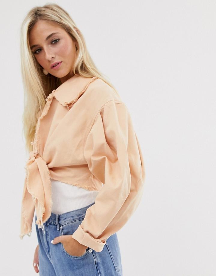 Asos Design Denim Tie Front Jacket With Oversize Sleeve-multi