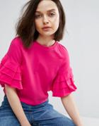 Asos Crop T-shirt With Ruffle Sleeve - Pink