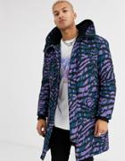 Asos Design Hooded Parka Jacket In Purple Tiger Print