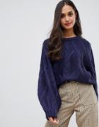 Brave Soul Macrame Chunky Cable Knit Sweater With Wide Sleeves - Navy