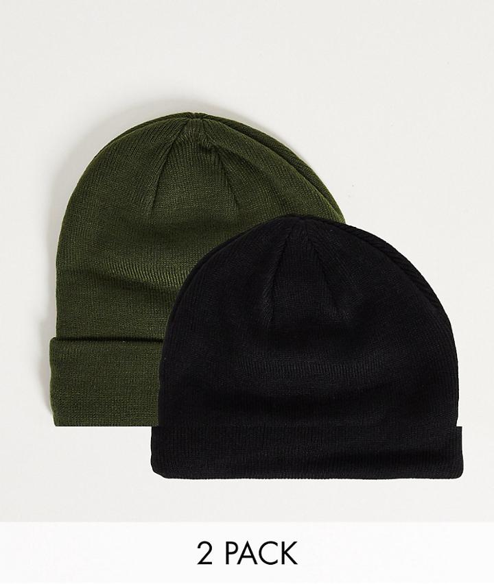Jack & Jones 2 Pack Beanies In Black & Forest Green-multi