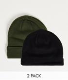Jack & Jones 2 Pack Beanies In Black & Forest Green-multi