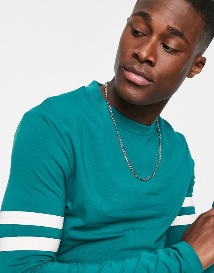 Asos Design Skinny Fit Long Sleeve T-shirt In Green Organic Cotton With Sleeve Stripe
