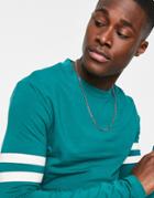 Asos Design Skinny Fit Long Sleeve T-shirt In Green Organic Cotton With Sleeve Stripe