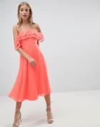 Asos Design Bardot Midi Dress With Embellished Frill Top - Pink