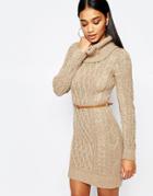 Lipsy Cable Knit Dress With Cowl Neck - Tan