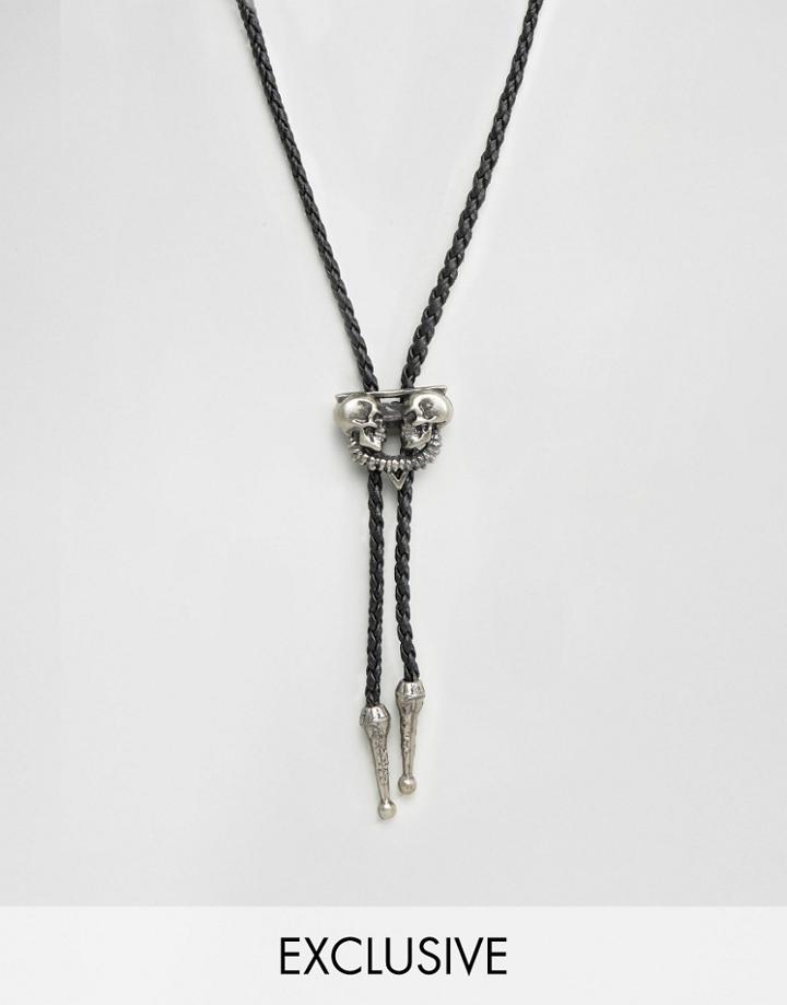 Reclaimed Vintage Necktie Necklace With Skull Pendant - Silver