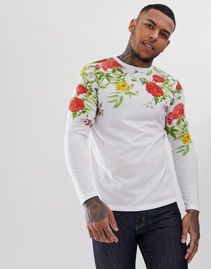 Asos Design Long Sleeve T-shirt With Floral Print - White
