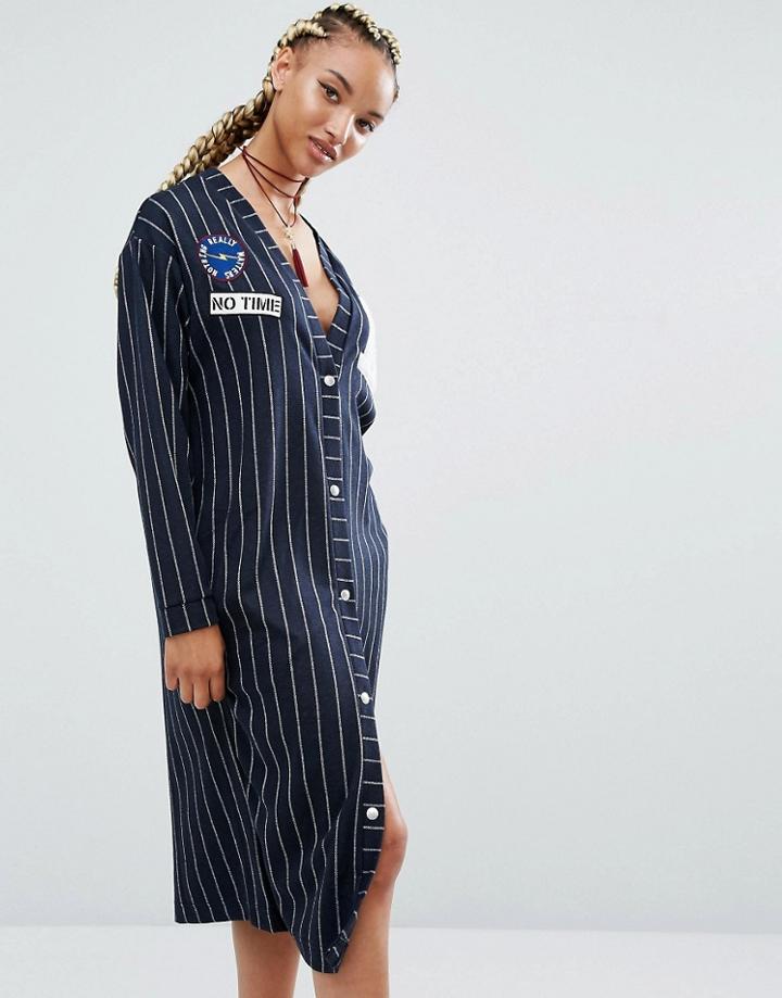 Pull & Bear Varsity Stripe Dress With Badges - Blue