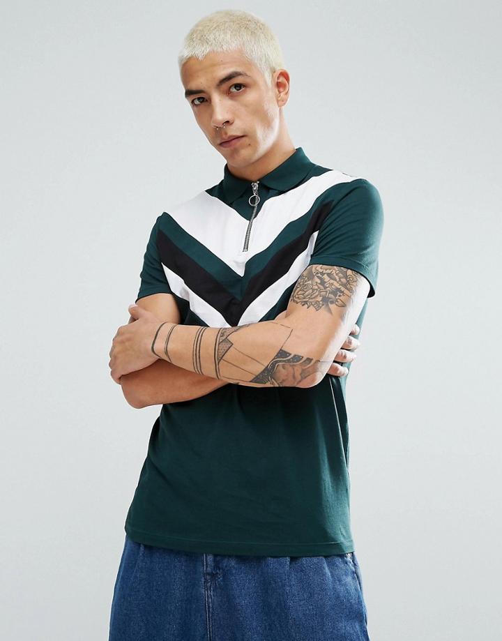 Asos Zip-neck Polo Shirt With Chevron Cut And Sew - Green