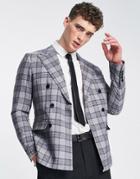 Gianni Feraud Skinny Fit Double Breasted Gray Check Suit Jacket
