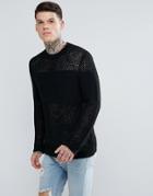 Asos Mesh Stripe Sweater In Black - Black