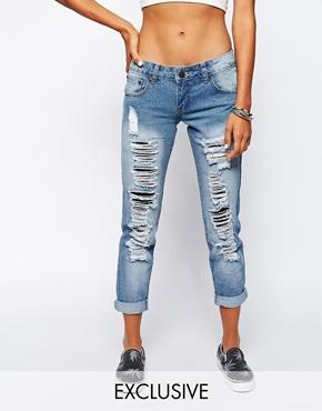 Liquor & Poker Boyfriend Jeans With All Over Distressing - Blue