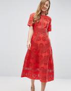 Asos Premium Midi Dress In Broderie Fabric - Red