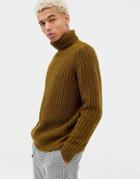 Asos Design Heavyweight Fisherman Rib Roll Neck Sweater In Khaki - Green