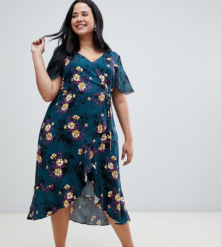 Oasis Curve Midi Wrap Dress In Blue - Multi