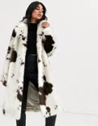 Asos Design Cow Print Faux Fur Midi Coat