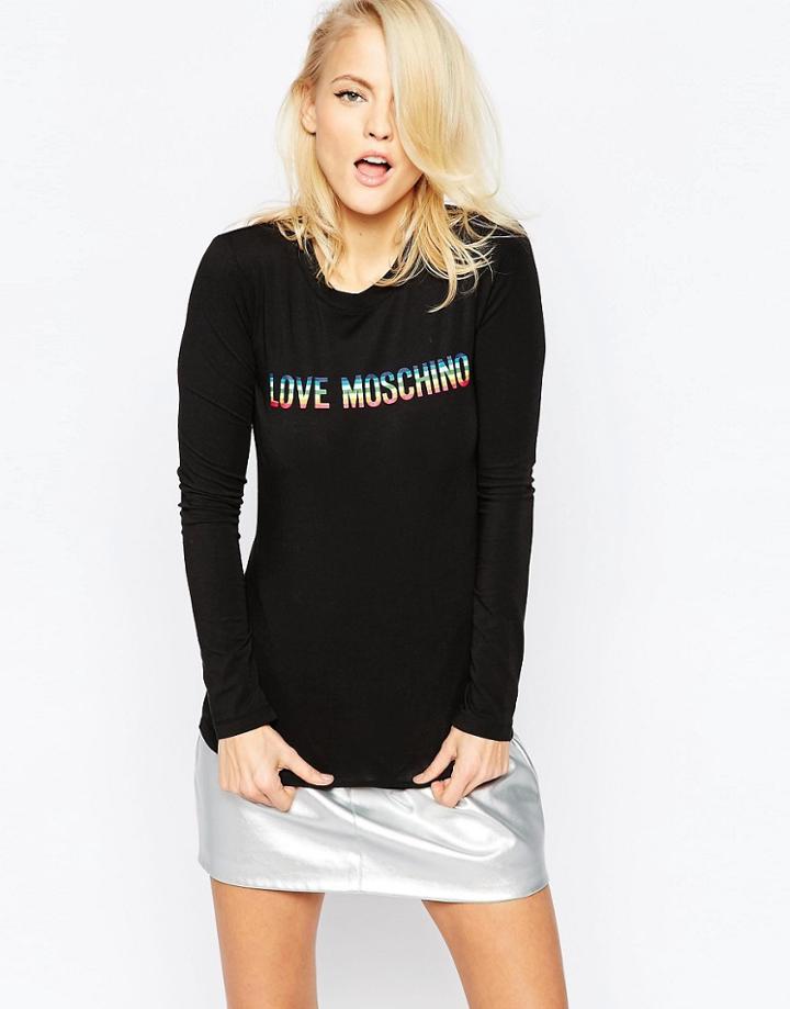 Love Moschino Rainbow Stripe Logo Long Sleeve T-shirt - Black