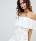 Miss Selfridge Off The Shoulder Jumpsuit With Tie Waist In White - Multi