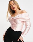 Asos Design Satin Off-the-shoulder Top With Drape Detail In Pink