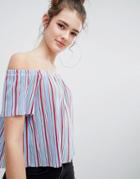 Bershka Stripe Off The Shoulder Top Plisse In Blue - Blue