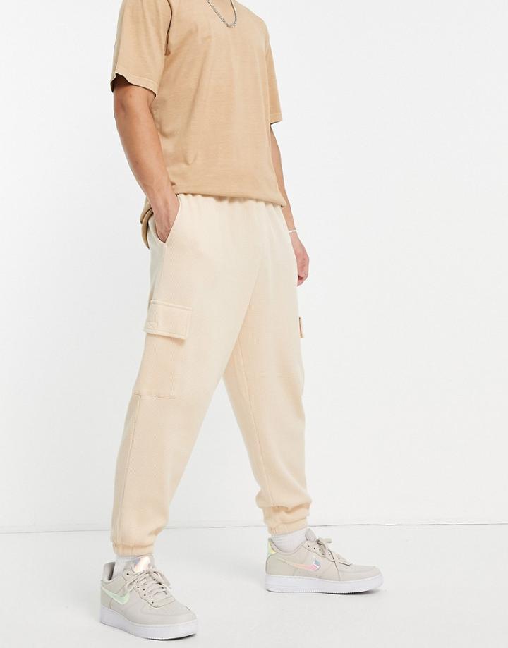 Asos Design Waffle Wide Leg Cargo Sweatpants In Beige - Part Of A Set-neutral