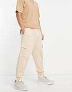 Asos Design Waffle Wide Leg Cargo Sweatpants In Beige - Part Of A Set-neutral