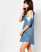 I Love Friday Denim Shift Dress With Lace Trim Cold Shoulder - Blue