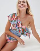 Prettylittlething Fruit Print Ruffle One Shoulder Swimsuit - Multi
