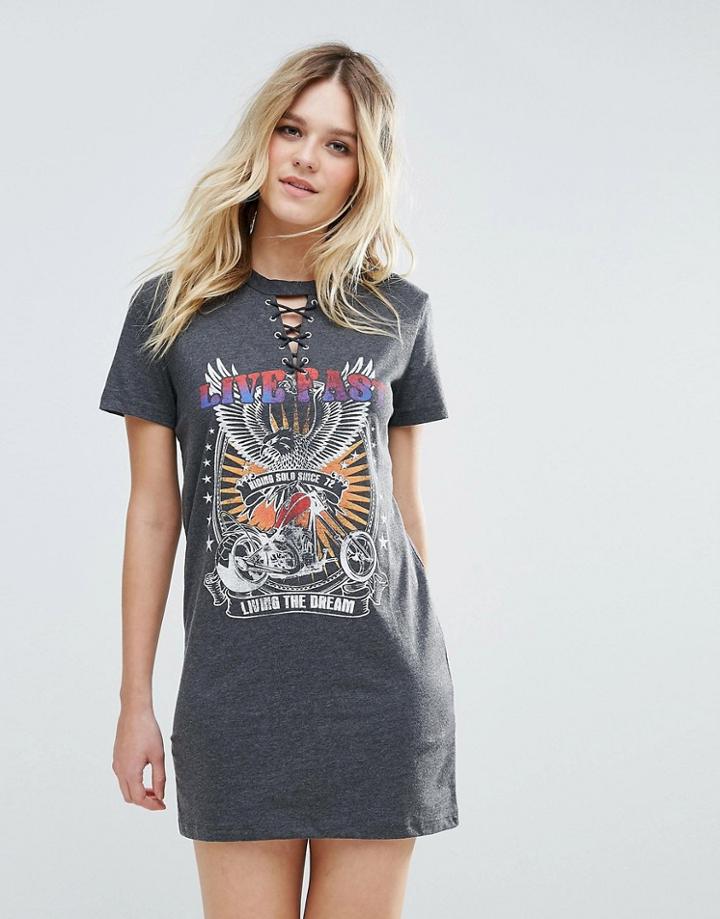Brave Soul Graphic Band T-shirt Dress - Gray