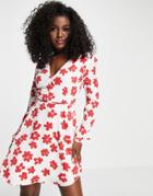 Glamorous V-neck Mini Wrap Dress In Red Floral-white