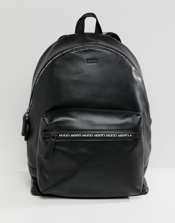 Hugo National Leather Backpack With Logo Zip Detail In Black - Black