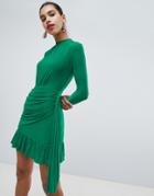 Prettylittlething High Neck Ruffle Hem Slink Bodycon Dress In Green - Green